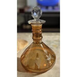Vintage Bohemian Style Amber Etched Grape Vines Glass Bottle decanter w/ stopper